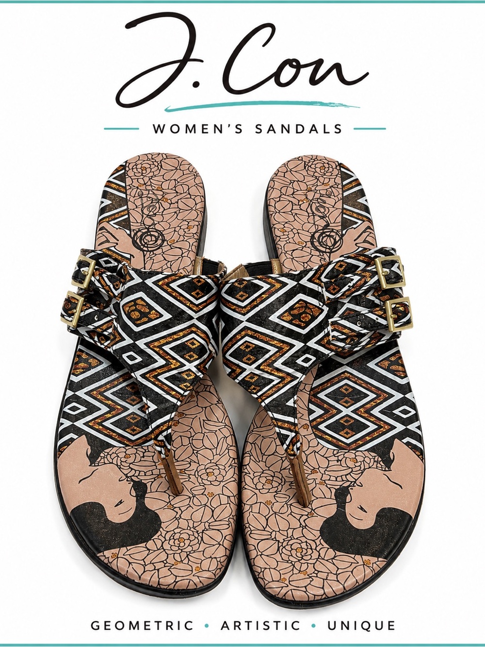 J. Con Geometric Print Double Buckle Thong Sandals Women’s Size 10